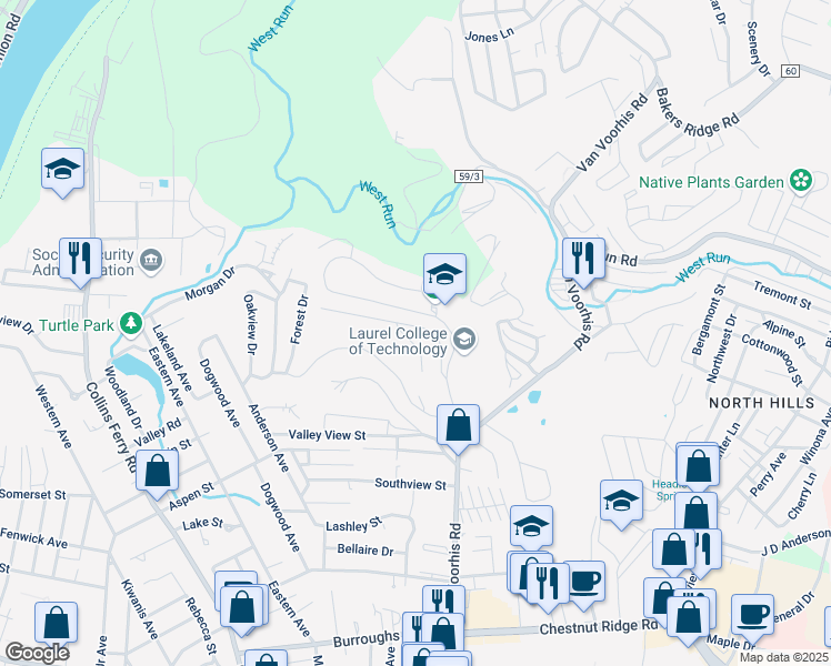 map of restaurants, bars, coffee shops, grocery stores, and more near Idacore Lane in Morgantown