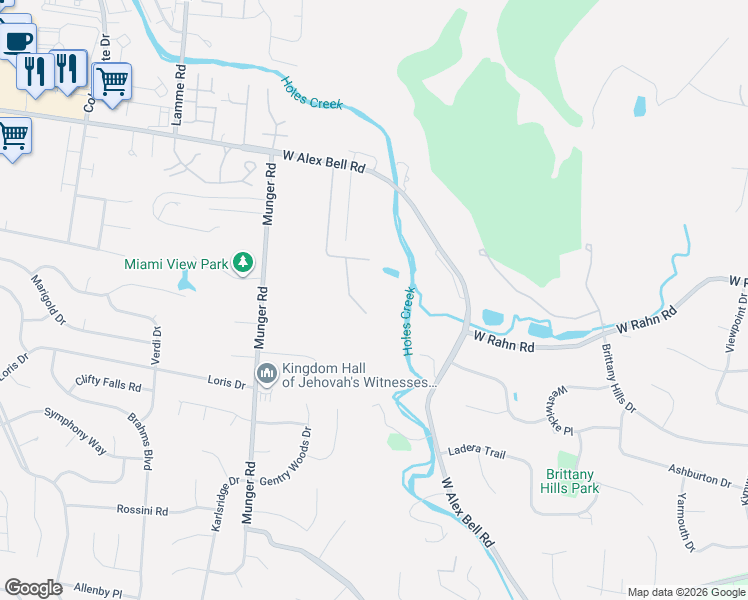 map of restaurants, bars, coffee shops, grocery stores, and more near 2036 West Alex Bell Road in Dayton
