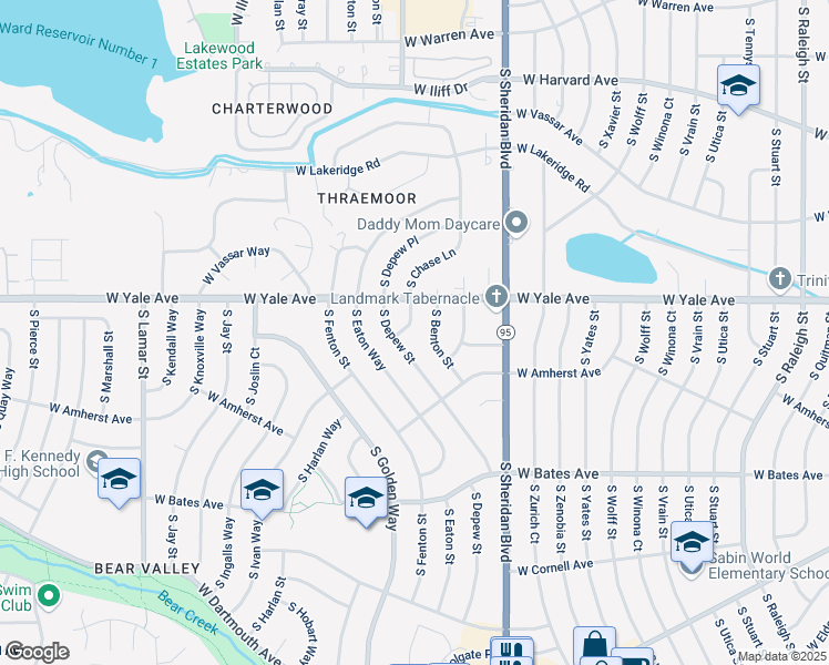 map of restaurants, bars, coffee shops, grocery stores, and more near 2100 South Chase Way in Denver