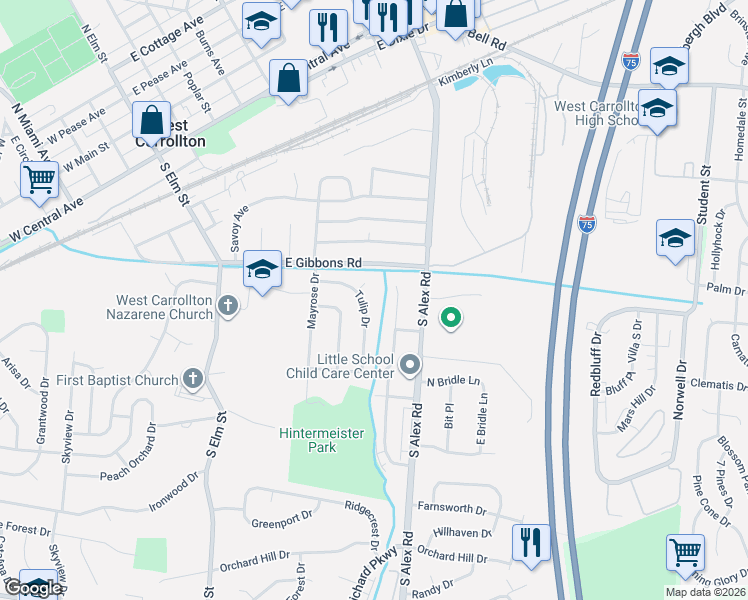 map of restaurants, bars, coffee shops, grocery stores, and more near 921 Primrose Drive in Dayton