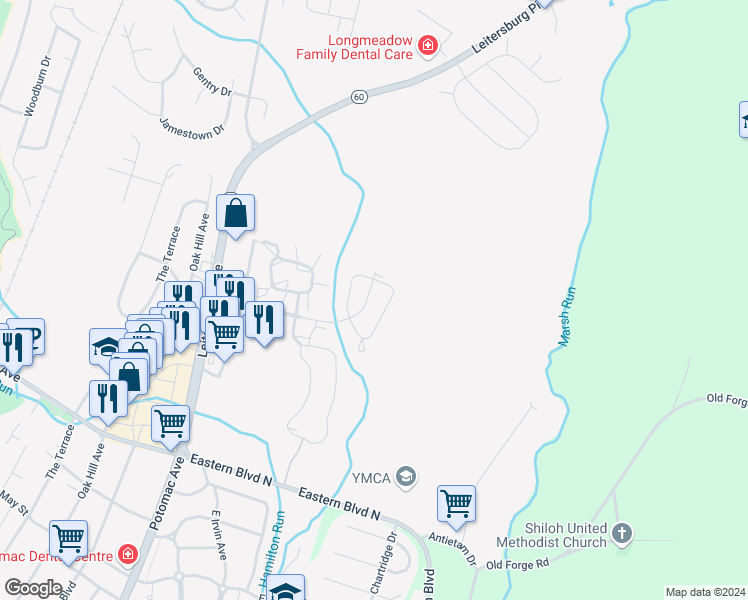 map of restaurants, bars, coffee shops, grocery stores, and more near 19515 Cortland Drive in Hagerstown