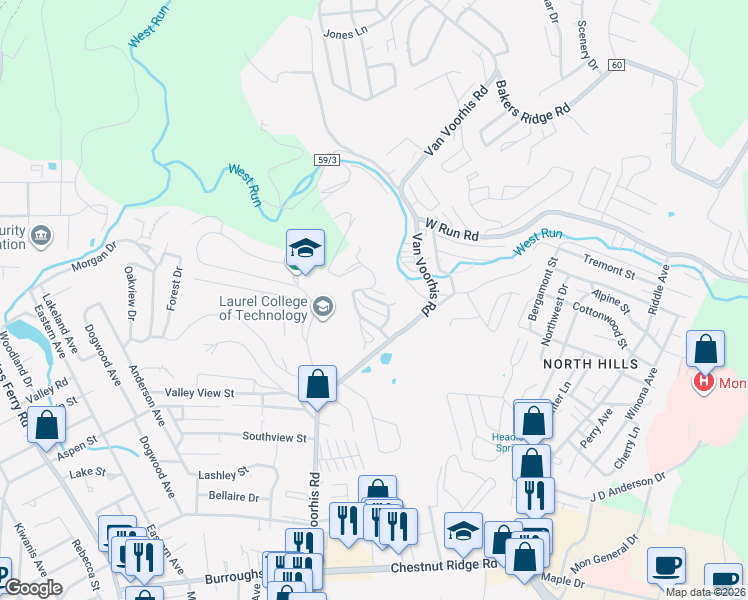 map of restaurants, bars, coffee shops, grocery stores, and more near 404 Windwood Place in Morgantown