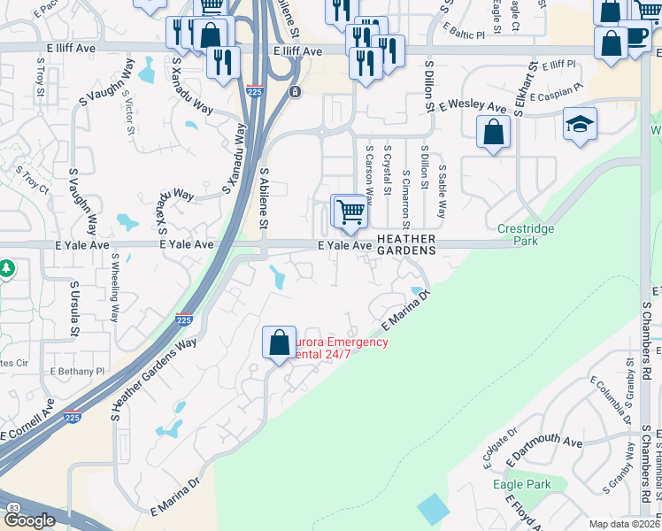 map of restaurants, bars, coffee shops, grocery stores, and more near 14076 East Vassar Avenue in Aurora