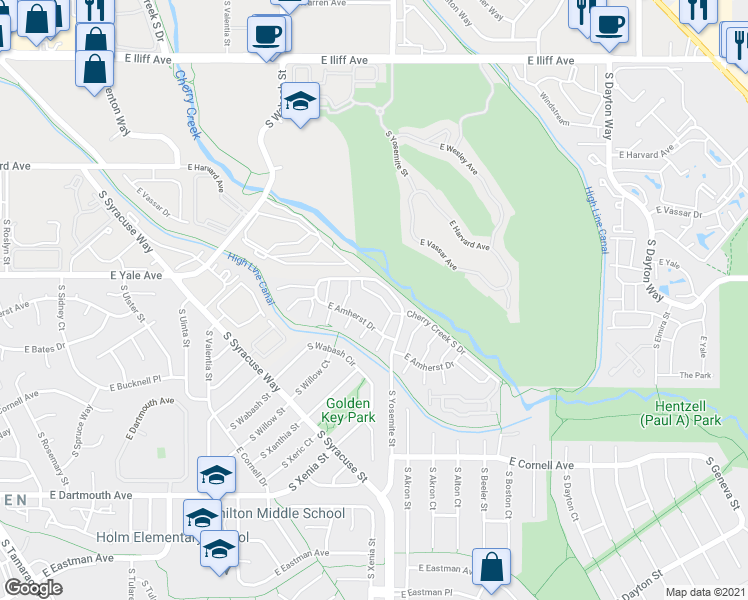 map of restaurants, bars, coffee shops, grocery stores, and more near 8790 East Yale Avenue in Denver