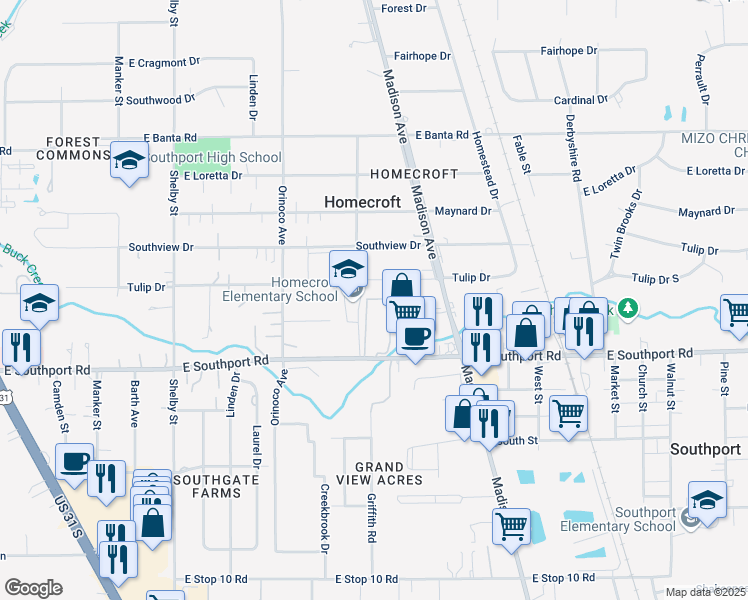 map of restaurants, bars, coffee shops, grocery stores, and more near 1620 Tulip Drive in Indianapolis