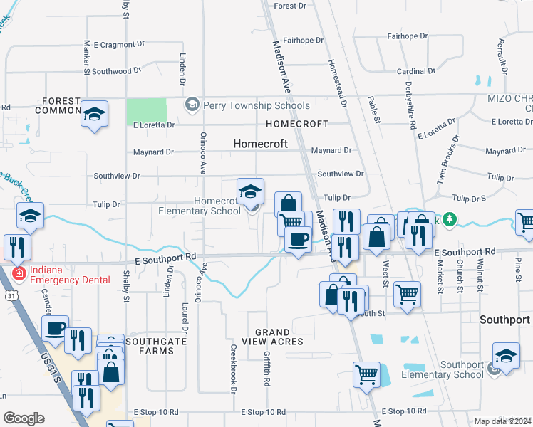 map of restaurants, bars, coffee shops, grocery stores, and more near 1620 Tulip Drive in Indianapolis