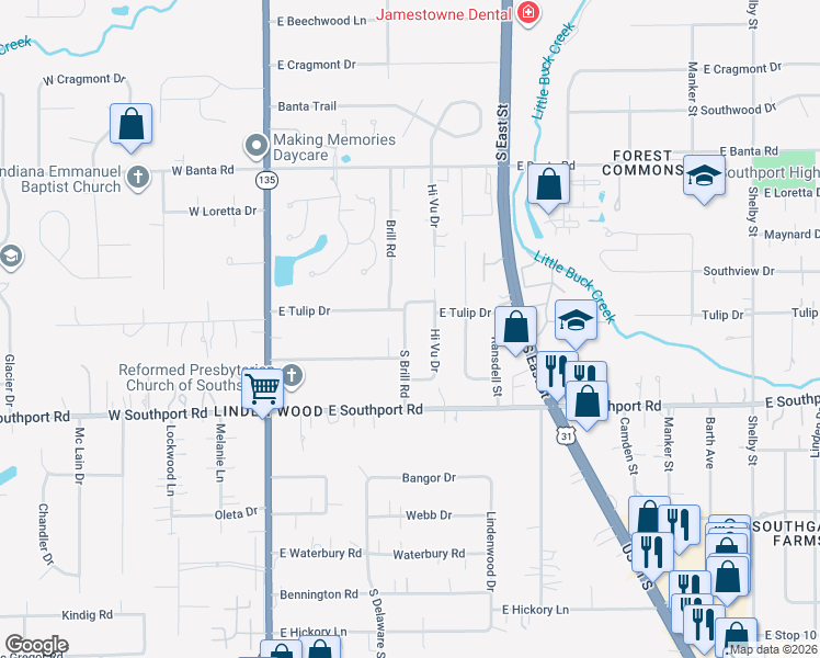map of restaurants, bars, coffee shops, grocery stores, and more near 305 Tulip Drive in Indianapolis