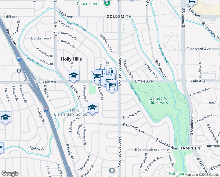 map of restaurants, bars, coffee shops, grocery stores, and more near 6460 East Yale Avenue in Denver