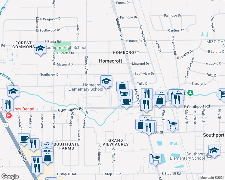 map of restaurants, bars, coffee shops, grocery stores, and more near 1611 Buckridge North Drive in Indianapolis