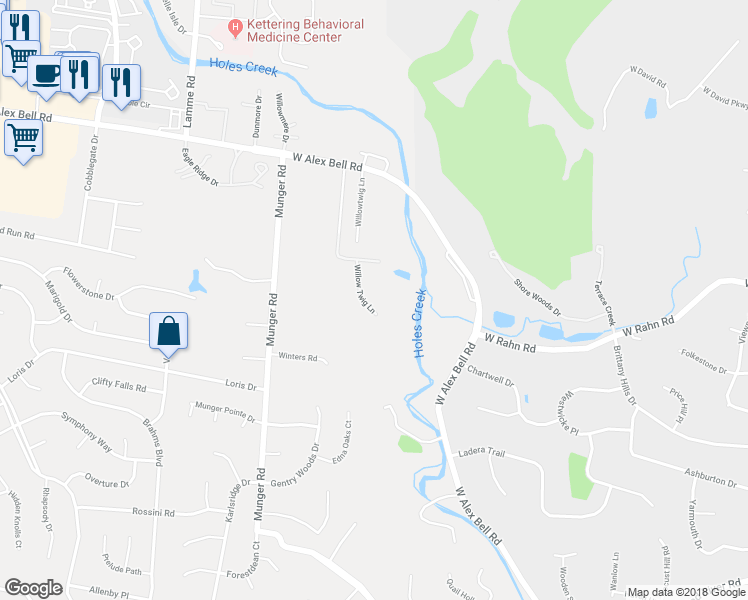 map of restaurants, bars, coffee shops, grocery stores, and more near 2036 West Alex Bell Road in Dayton