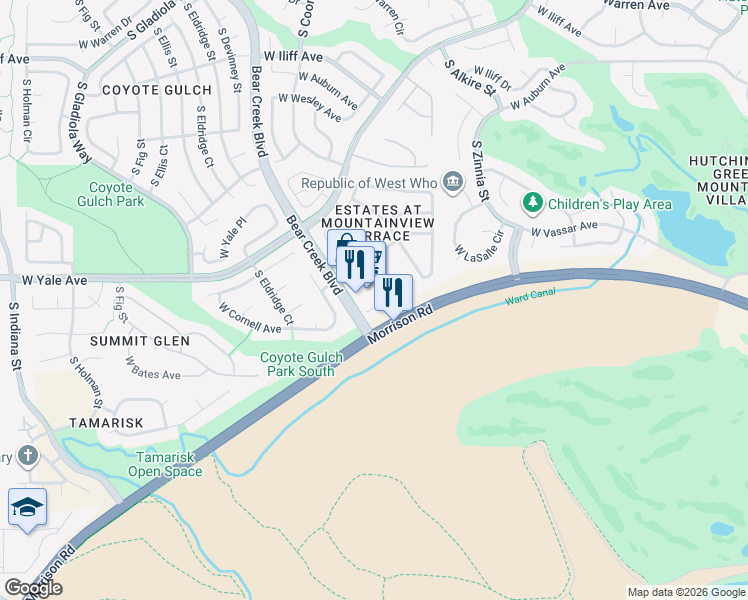 map of restaurants, bars, coffee shops, grocery stores, and more near 2931 South Deframe Way in Lakewood