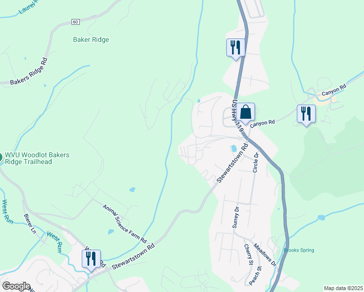 map of restaurants, bars, coffee shops, grocery stores, and more near 13 Hannah Lane in Morgantown