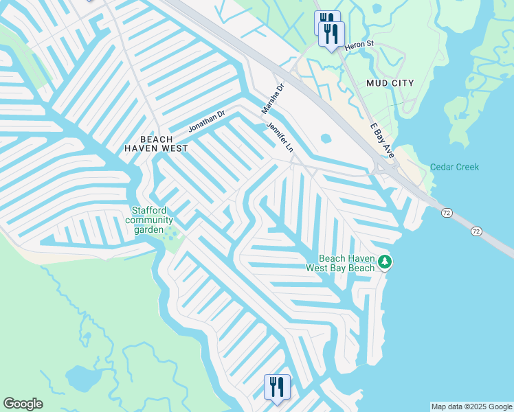 map of restaurants, bars, coffee shops, grocery stores, and more near 207 Morris Boulevard in Stafford Township