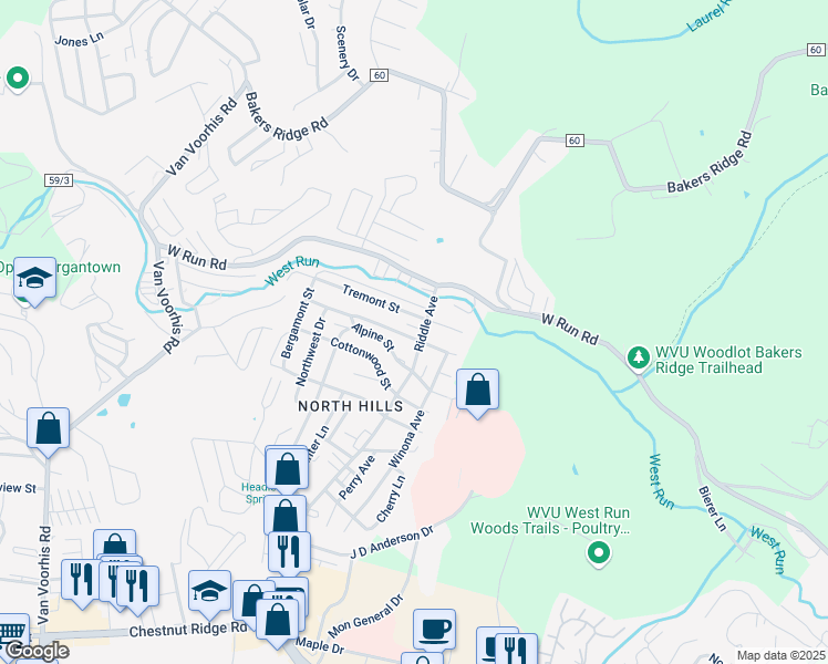map of restaurants, bars, coffee shops, grocery stores, and more near 750 Erow Avenue in Morgantown