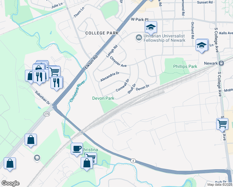 map of restaurants, bars, coffee shops, grocery stores, and more near 23 Cornwall Drive in Newark