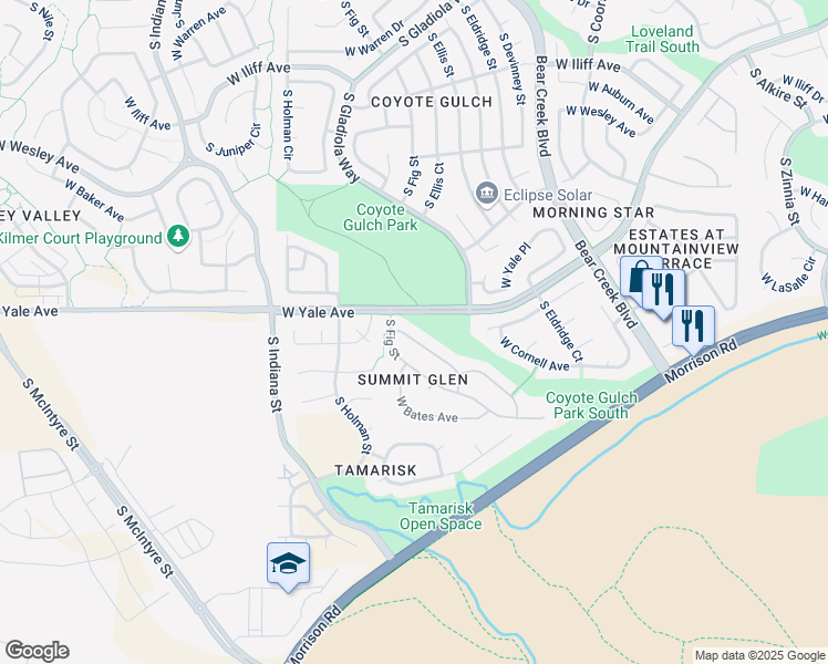 map of restaurants, bars, coffee shops, grocery stores, and more near 2801 South Fig Street in Lakewood
