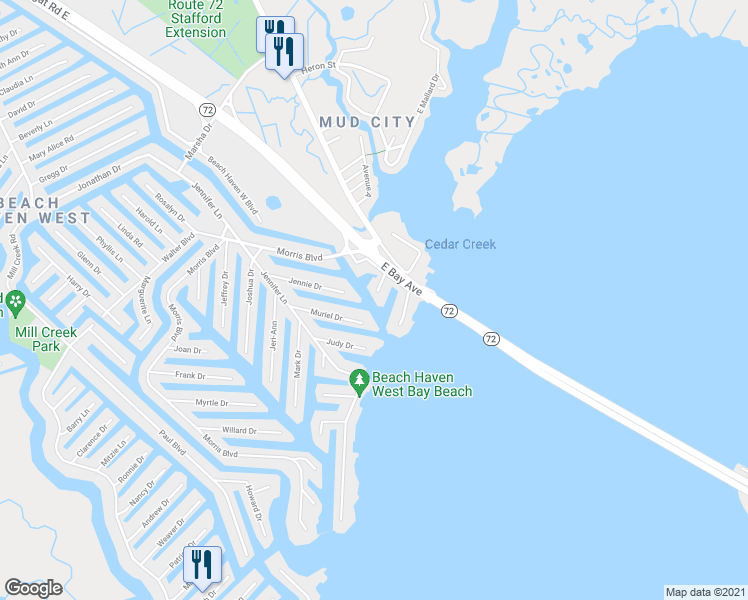 map of restaurants, bars, coffee shops, grocery stores, and more near 29 Julia Drive in Stafford Township