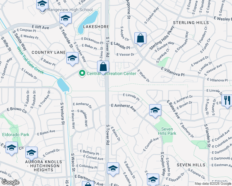 map of restaurants, bars, coffee shops, grocery stores, and more near 18715 East Linvale Place in Aurora