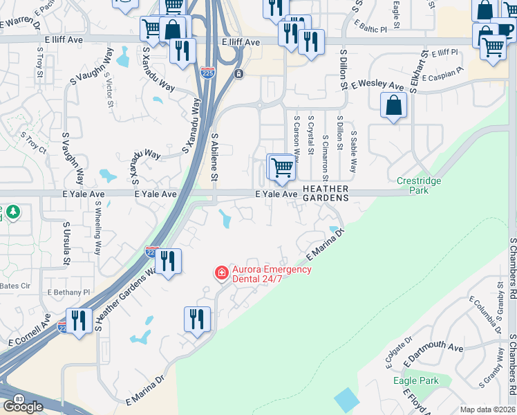map of restaurants, bars, coffee shops, grocery stores, and more near 13950 East Linvale Place in Aurora