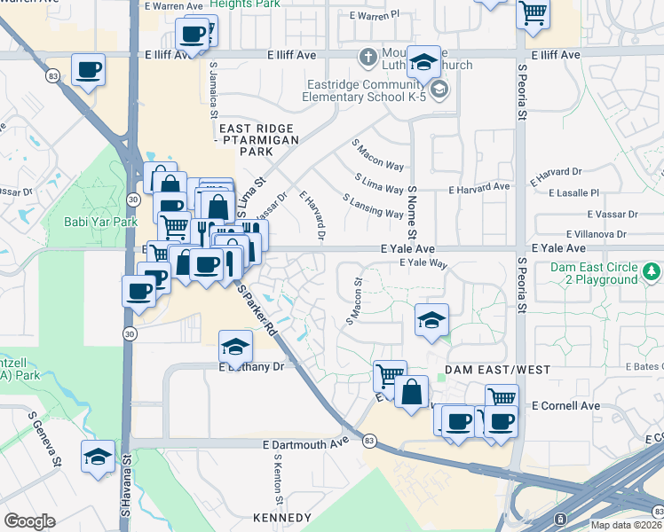 map of restaurants, bars, coffee shops, grocery stores, and more near 2731 South Macon Circle in Aurora