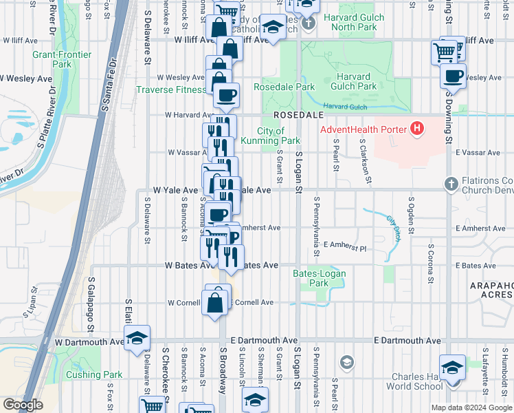 map of restaurants, bars, coffee shops, grocery stores, and more near 2708 South Sherman Street in Englewood