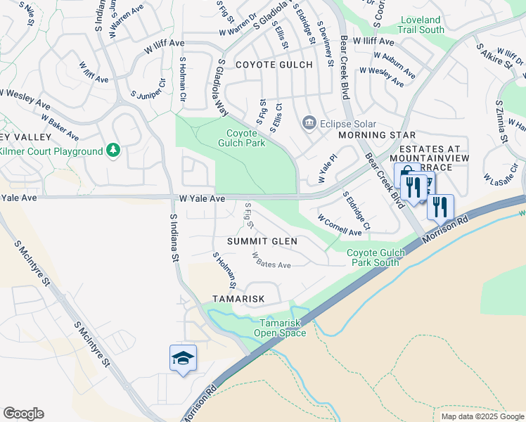 map of restaurants, bars, coffee shops, grocery stores, and more near 2801 South Fig Street in Lakewood