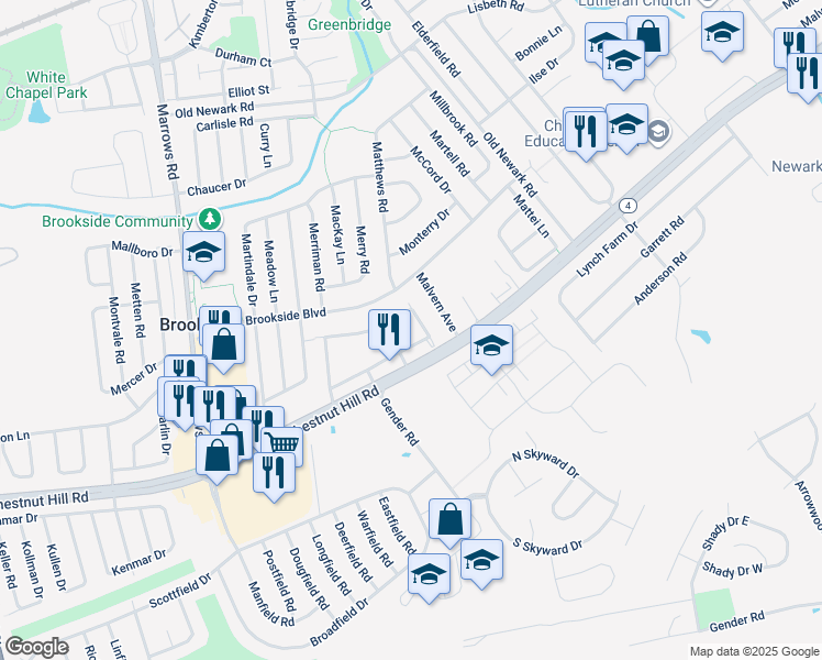 map of restaurants, bars, coffee shops, grocery stores, and more near 113 Chestnut Crossing Drive in Newark