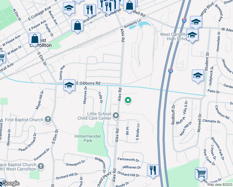map of restaurants, bars, coffee shops, grocery stores, and more near 801 South Alex Road in Dayton