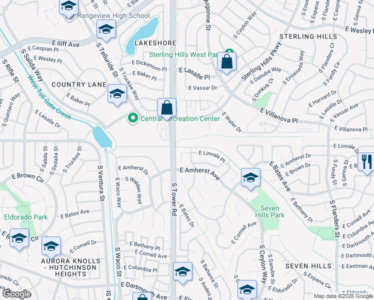 map of restaurants, bars, coffee shops, grocery stores, and more near 18715 East Linvale Place in Aurora