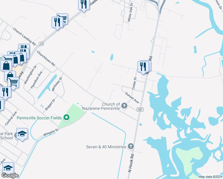 map of restaurants, bars, coffee shops, grocery stores, and more near 12 Johnstone Street in Salem County