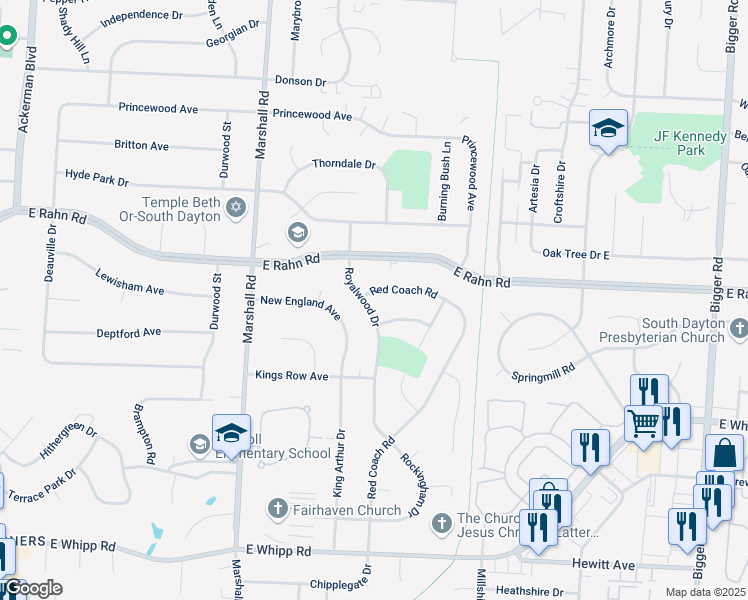 map of restaurants, bars, coffee shops, grocery stores, and more near 5309 Red Coach Road in Dayton