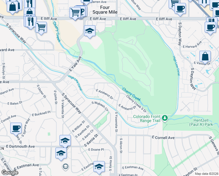map of restaurants, bars, coffee shops, grocery stores, and more near 8790 East Yale Avenue in Denver