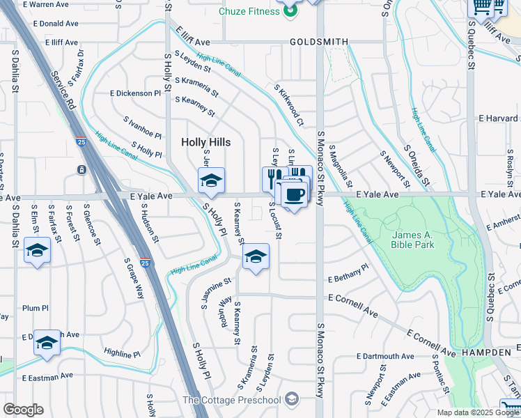 map of restaurants, bars, coffee shops, grocery stores, and more near 6420 East Yale Avenue in Denver