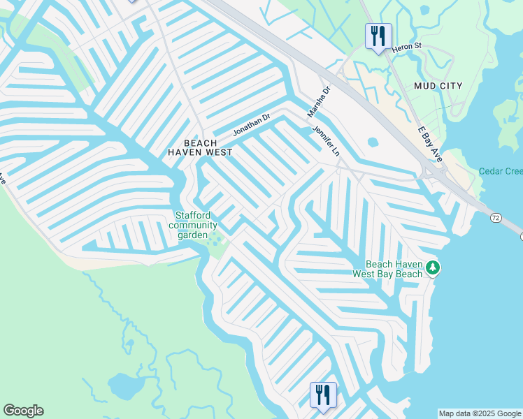 map of restaurants, bars, coffee shops, grocery stores, and more near 1187 Walter Boulevard in Stafford Township