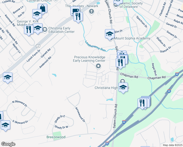 map of restaurants, bars, coffee shops, grocery stores, and more near 909 Village Circle in Newark