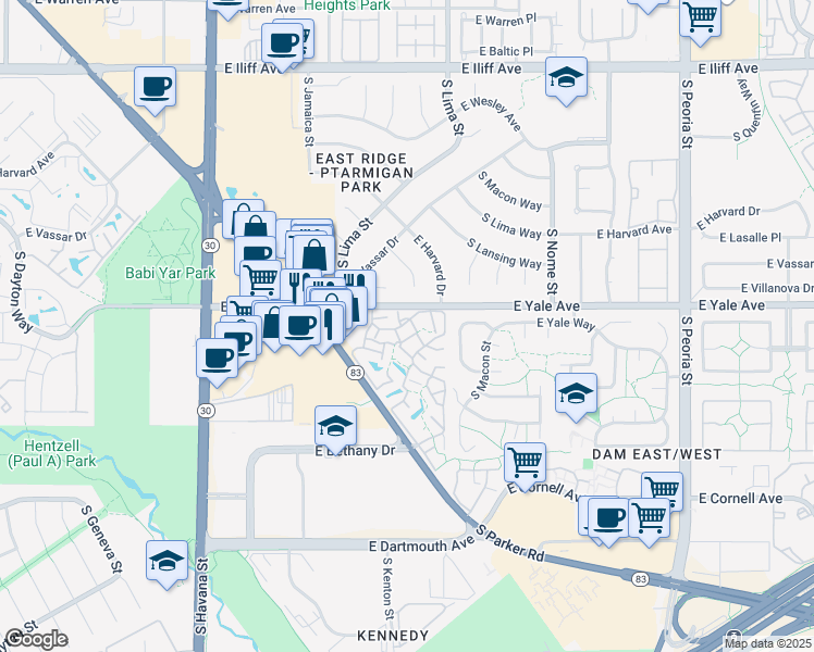 map of restaurants, bars, coffee shops, grocery stores, and more near 11218 East Linvale Drive in Aurora