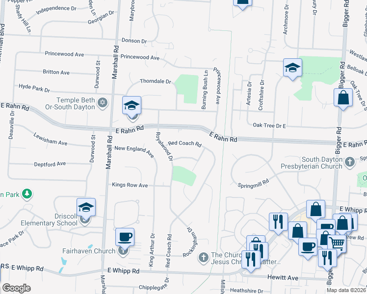 map of restaurants, bars, coffee shops, grocery stores, and more near 5341 Red Coach Road in Dayton