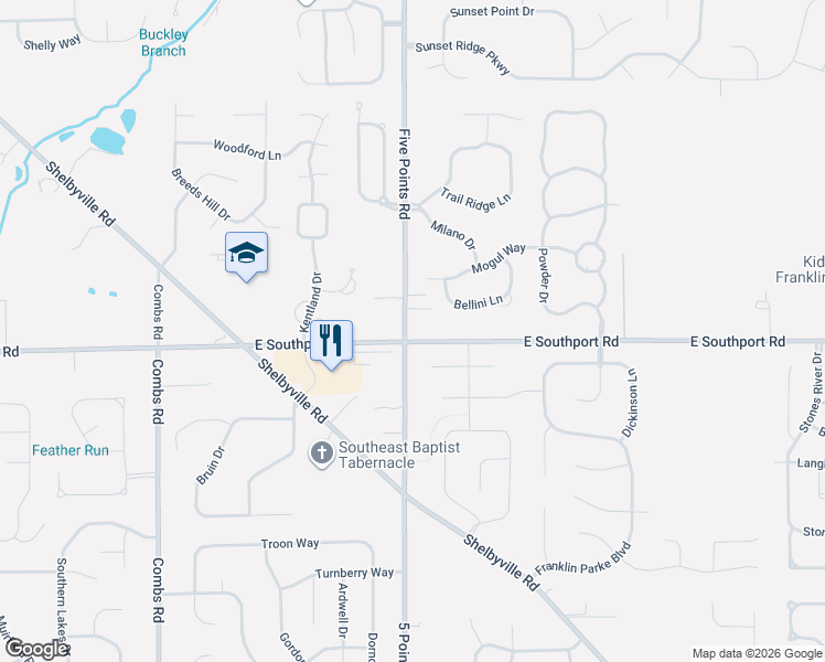 map of restaurants, bars, coffee shops, grocery stores, and more near 6921 Five Points Road in Indianapolis