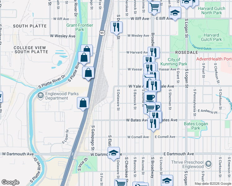 map of restaurants, bars, coffee shops, grocery stores, and more near 2701 South Delaware Street in Englewood