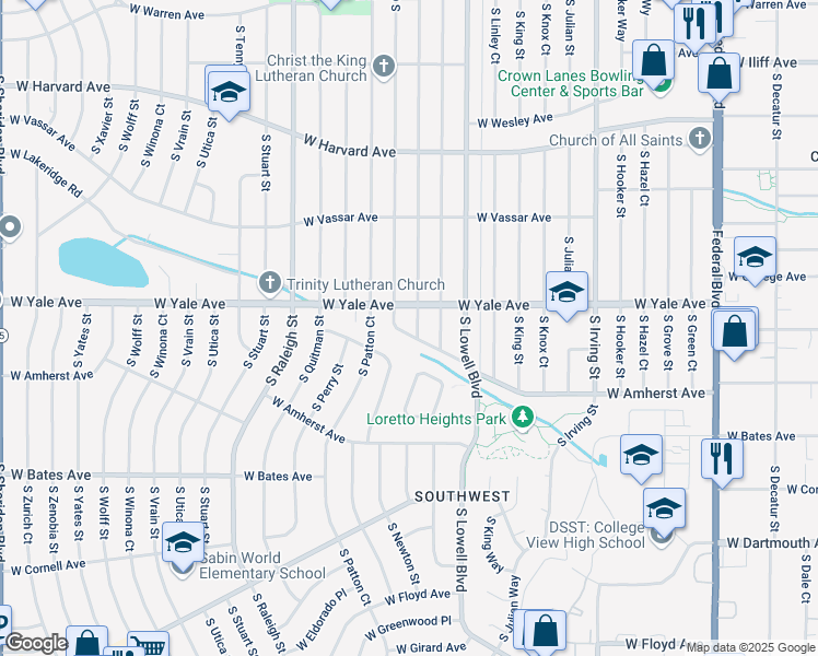 map of restaurants, bars, coffee shops, grocery stores, and more near 2735 South Newton Street in Denver