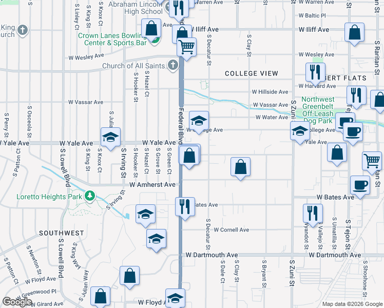 map of restaurants, bars, coffee shops, grocery stores, and more near 2692-2696 South Federal Boulevard in Denver