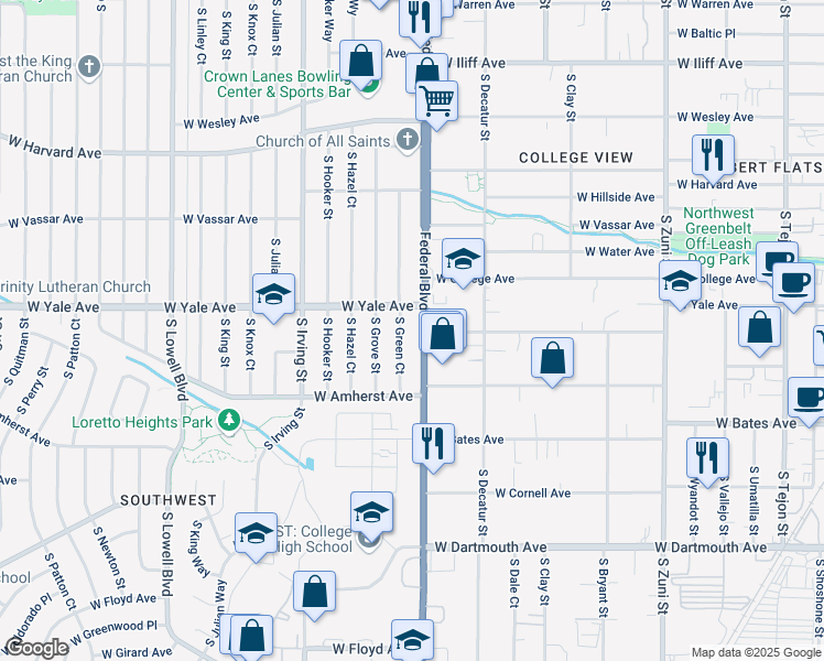 map of restaurants, bars, coffee shops, grocery stores, and more near in Denver