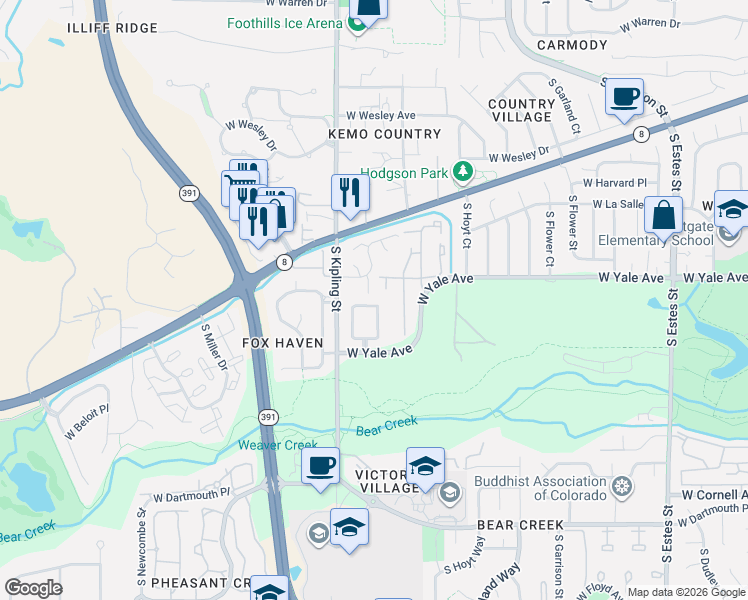 map of restaurants, bars, coffee shops, grocery stores, and more near 2620 South Johnson Court in Lakewood