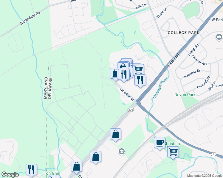 map of restaurants, bars, coffee shops, grocery stores, and more near 510 Hamlet Way in Newark