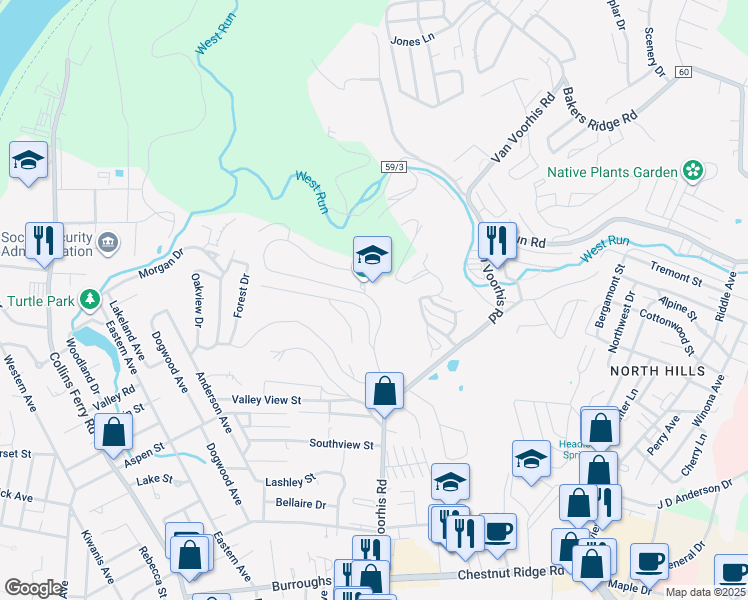 map of restaurants, bars, coffee shops, grocery stores, and more near 300 Wedgewood Drive in Morgantown