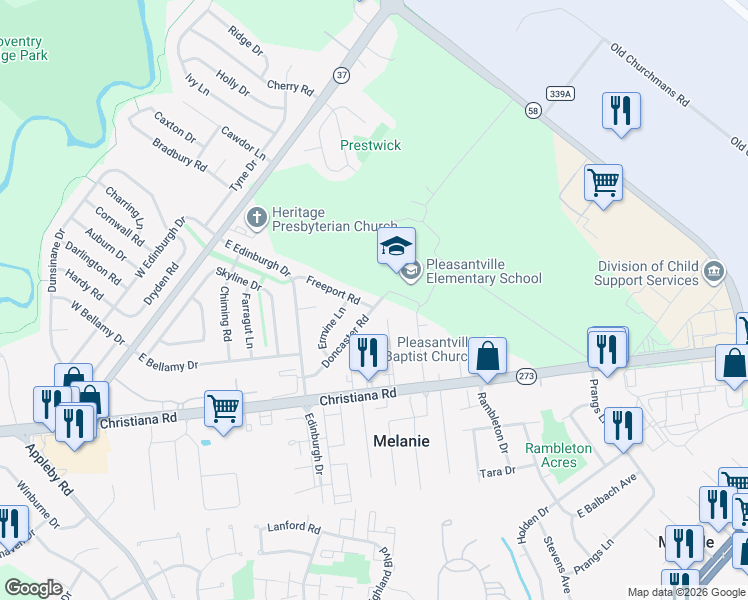 map of restaurants, bars, coffee shops, grocery stores, and more near 31 Doncaster Road in New Castle
