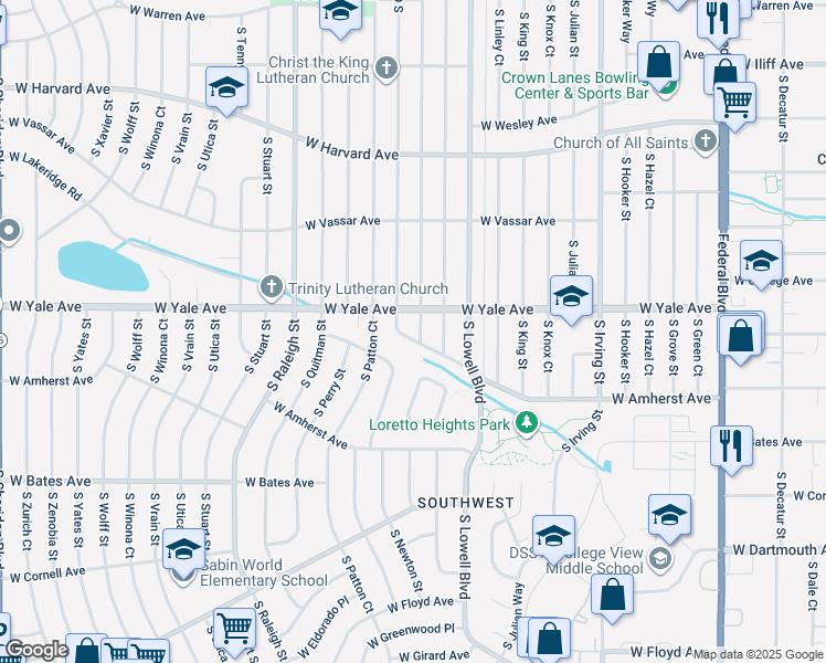 map of restaurants, bars, coffee shops, grocery stores, and more near 2735 South Newton Street in Denver