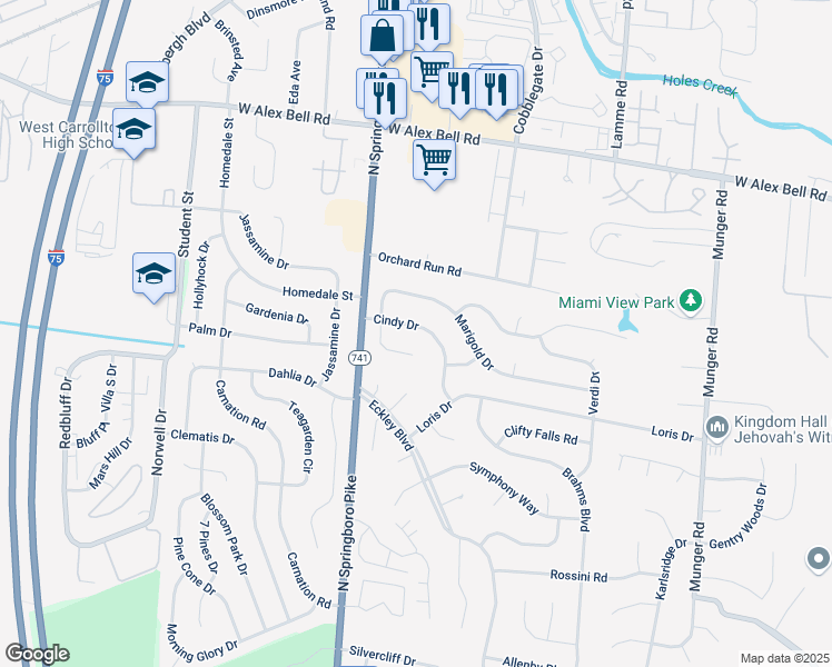 map of restaurants, bars, coffee shops, grocery stores, and more near 5939 Cindy Drive in Dayton