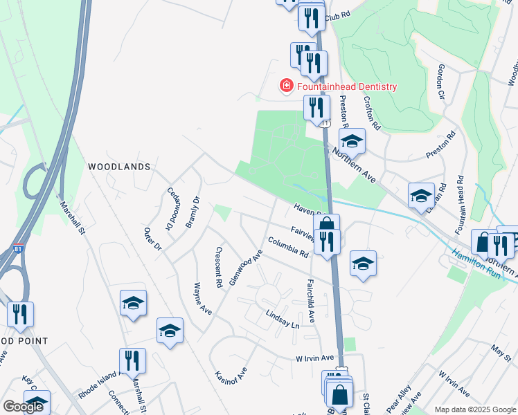 map of restaurants, bars, coffee shops, grocery stores, and more near 1113 Green Lane in Hagerstown