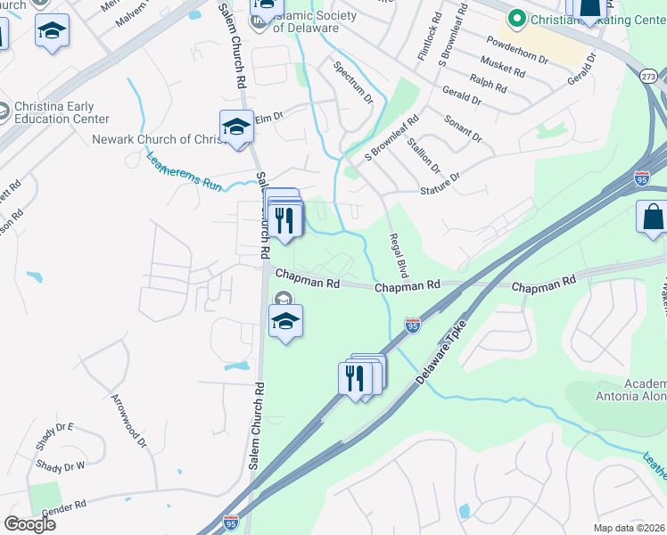 map of restaurants, bars, coffee shops, grocery stores, and more near 24 Sandalwood Drive in Newark